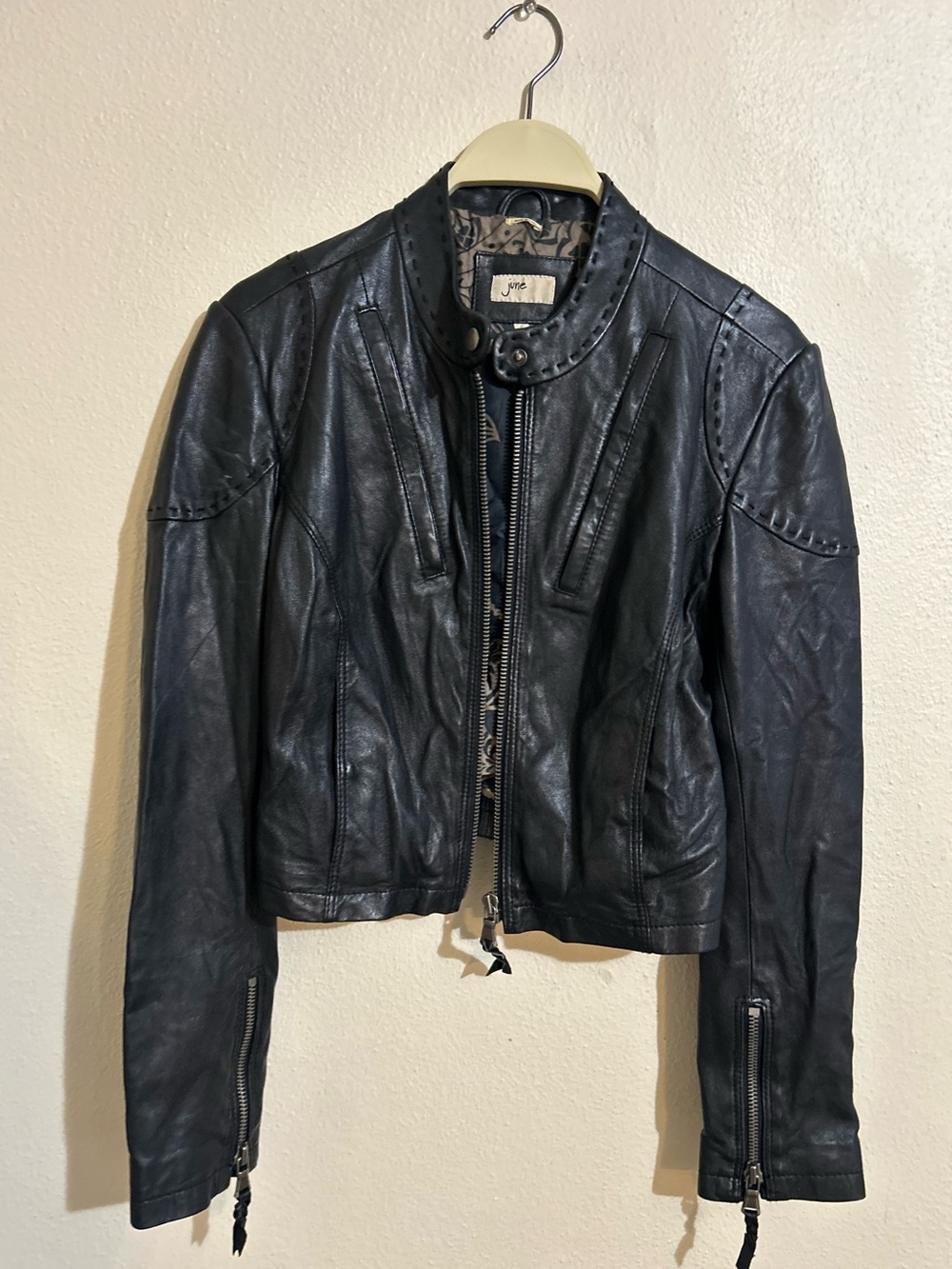 June Black Leather Zip-Front Moto Jacket Women’s Size Small Anthropologie